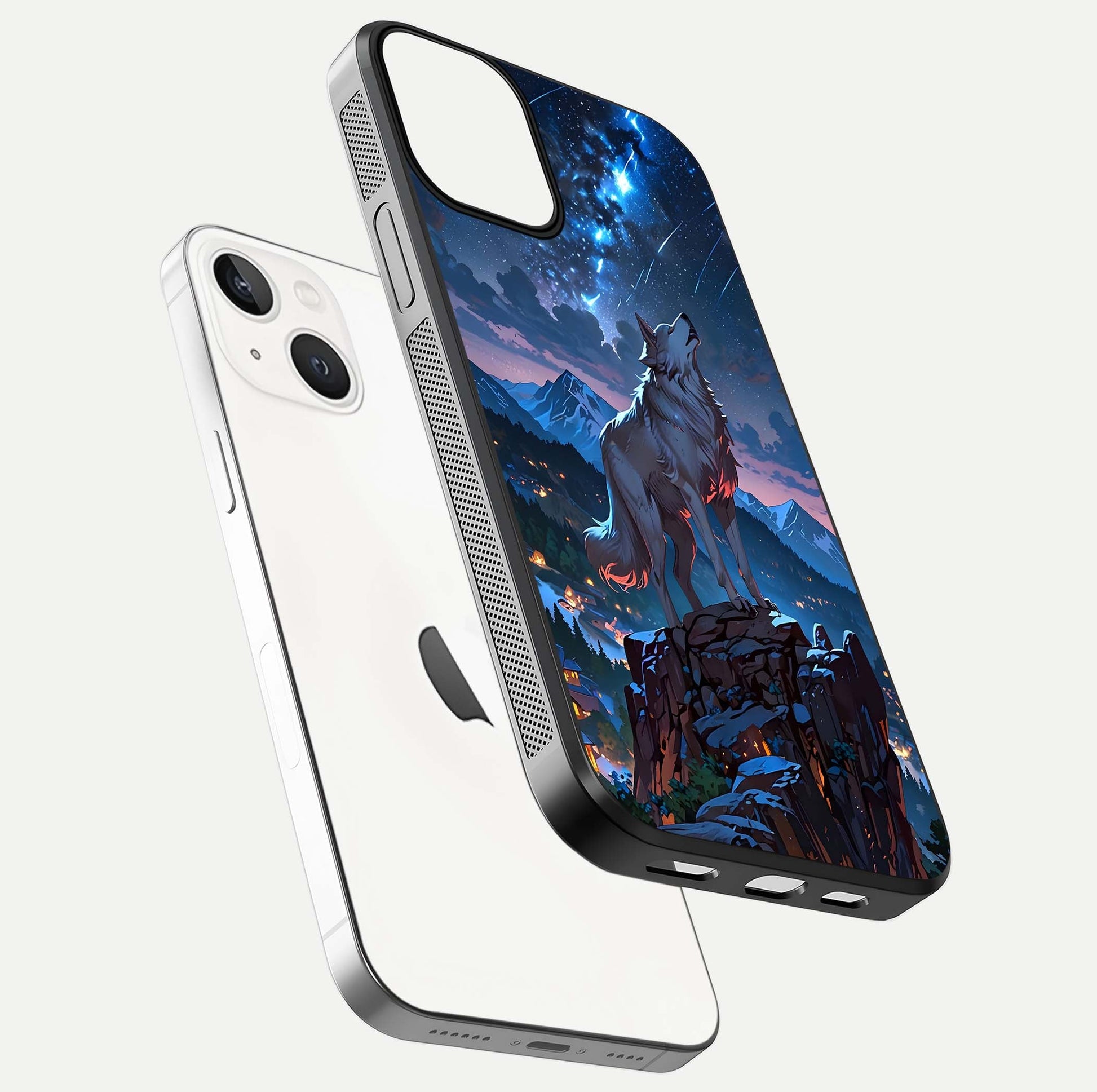 Celestial Wolf Howl Glass Case for iPhone 13 floating mockup capturing reflection depth and silver gloss