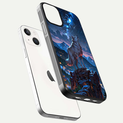 Celestial Wolf Howl Glass Case for iPhone 13 floating mockup capturing reflection depth and silver gloss