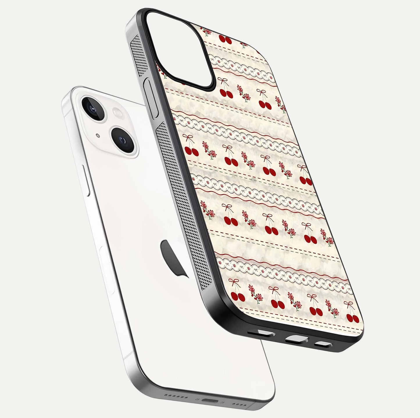 Cherry Bloom Charm Glass Case for iPhone 13 floating mockup showing bloom texture and polished gloss