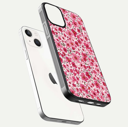 Cherry Blossom Charm Glass Case for iPhone 13 floating mockup displaying pink tone flow and polished edges