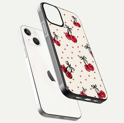 Cherry Heart Bow Glass Case for iPhone 13 floating mockup showing reflection and HD print detail