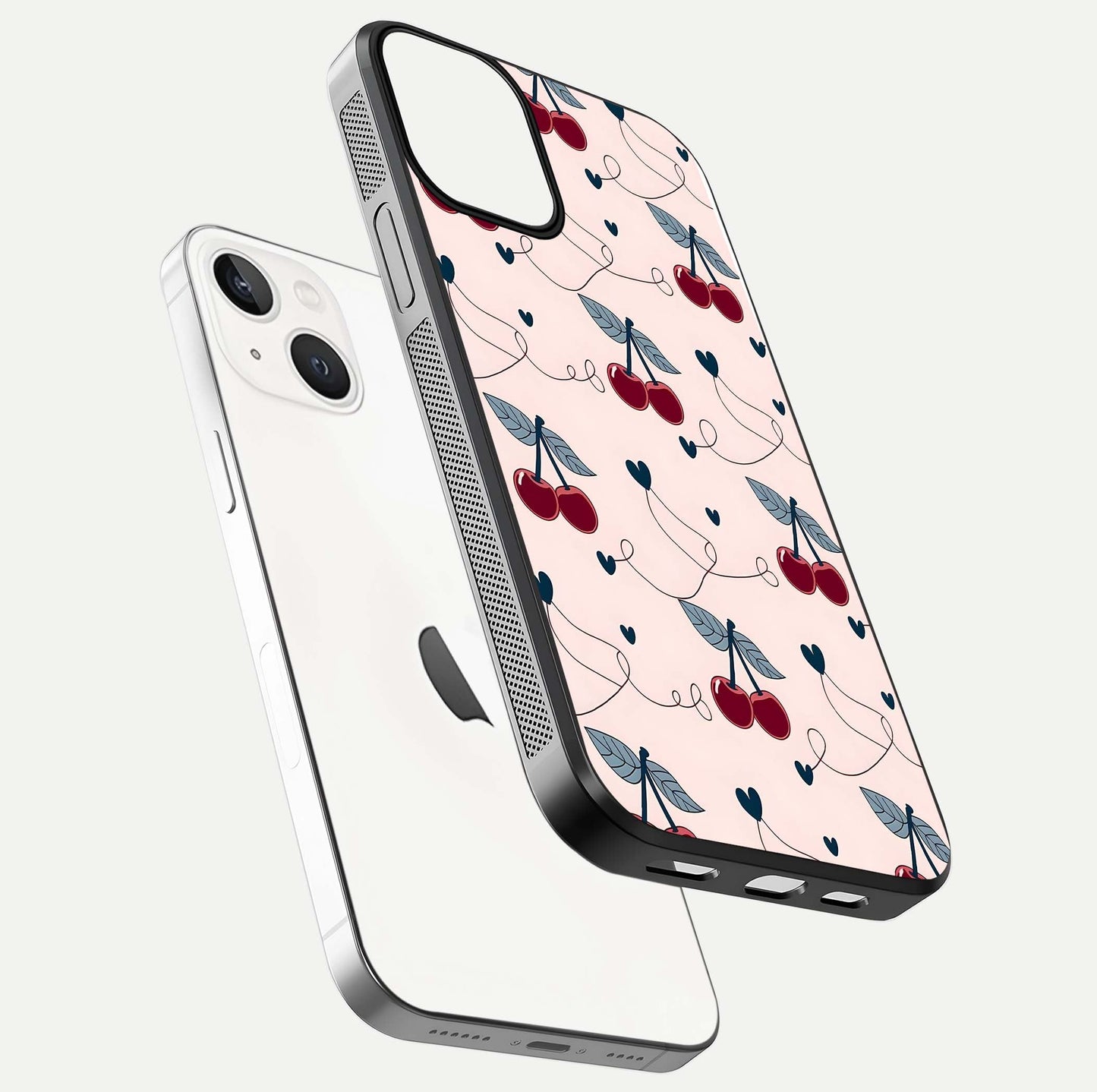 Cherry Heart Line Glass Case for iPhone 13 floating mockup showing gloss polish and bright tones