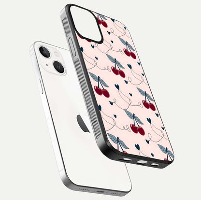 Cherry Heart Line Glass Case for iPhone 13 floating mockup showing gloss polish and bright tones