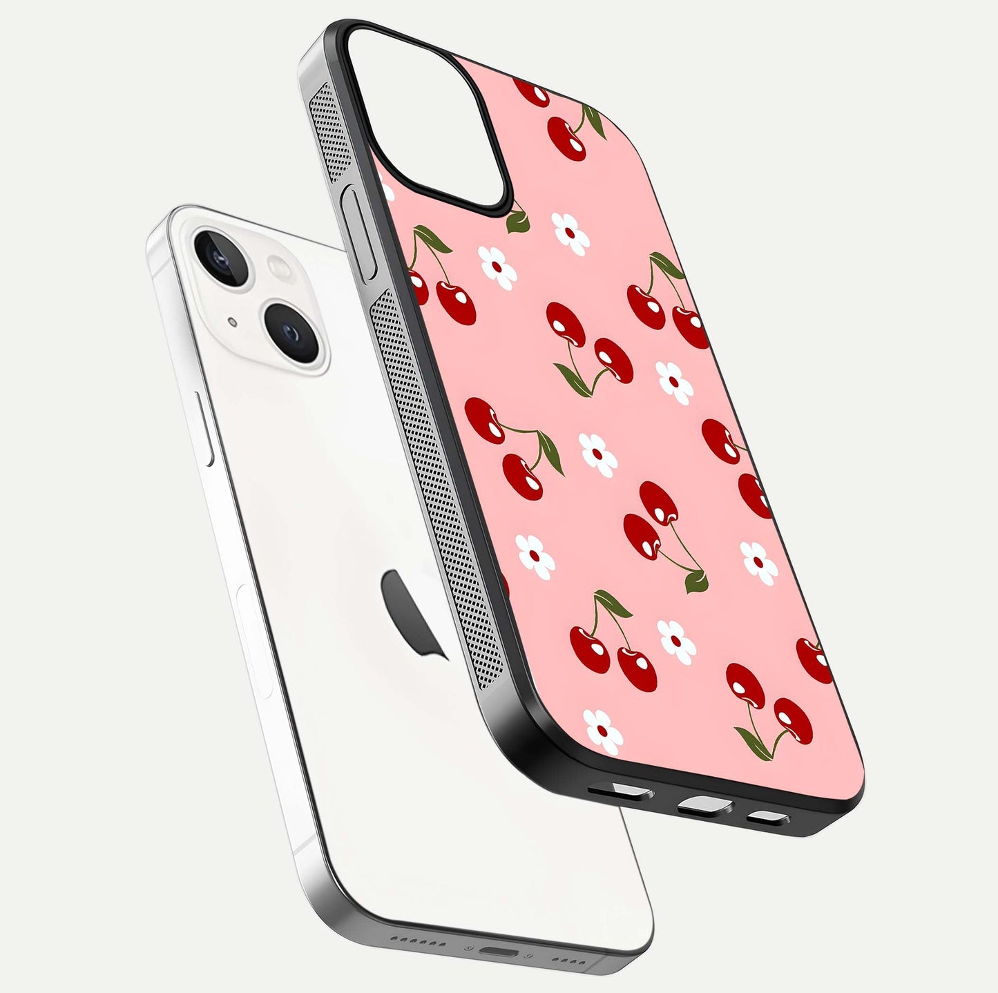 Cherry Love Mood Glass Case for iPhone 13 floating mockup showing HD gloss reflection and red tones