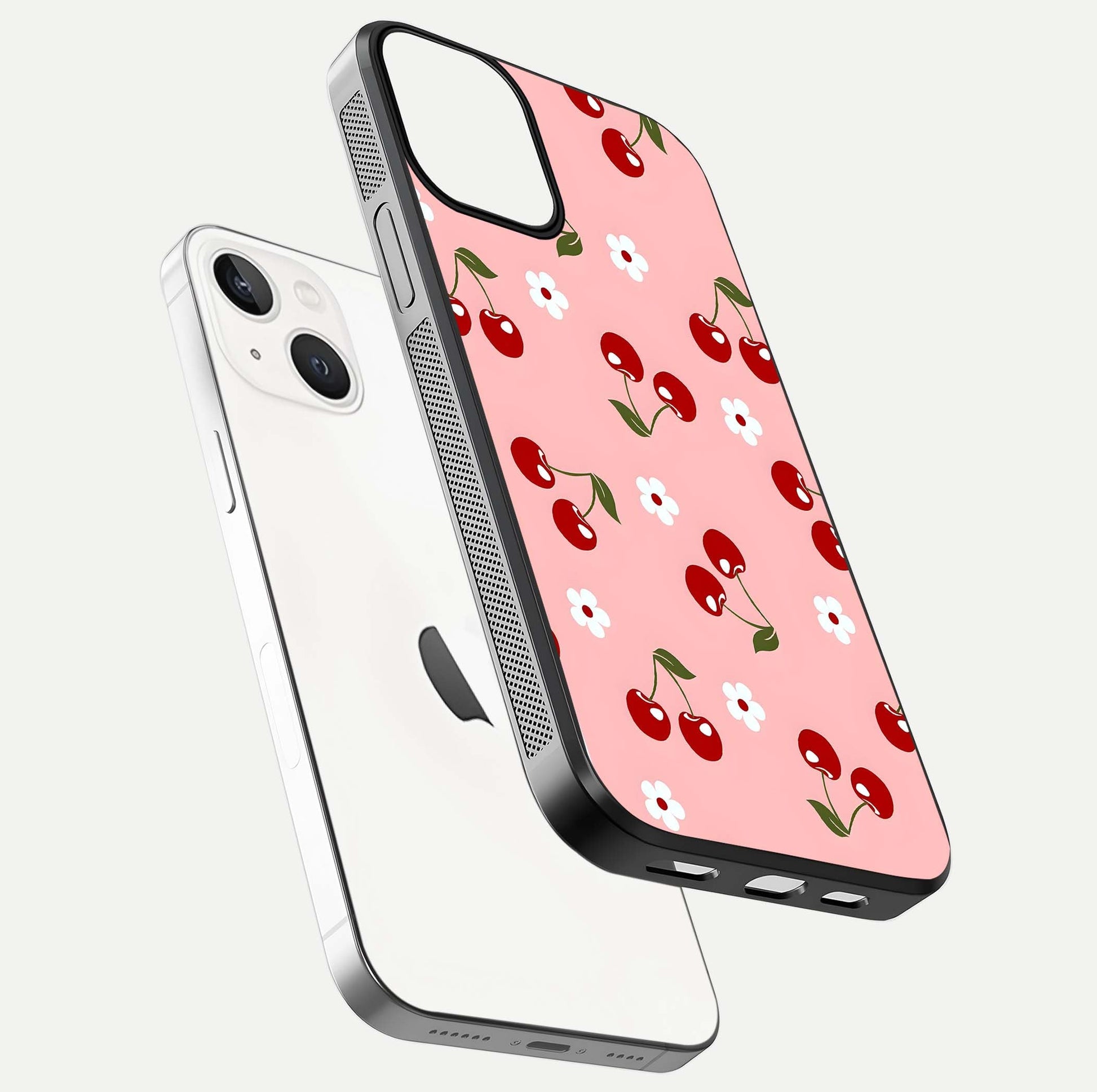 Cherry Love Mood Glass Case for iPhone 13 floating mockup showing HD gloss reflection and red tones