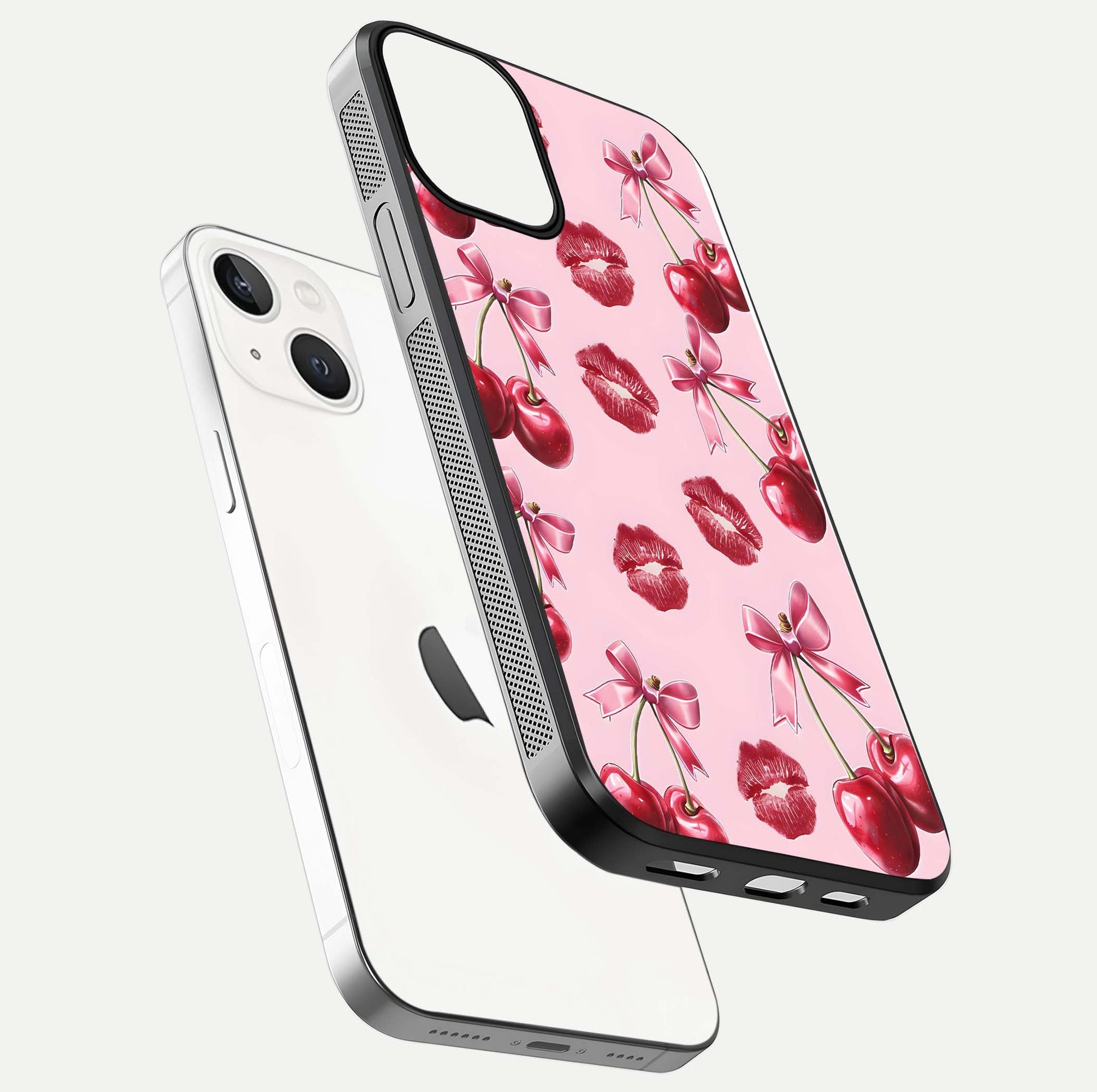 Cherry With Lips Glass Case for iPhone 13 floating mockup showing HD gloss and pop-art inspired tones