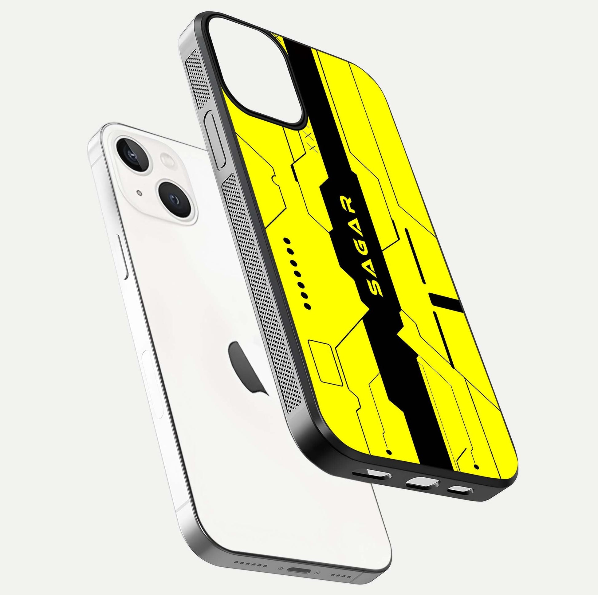 Circuit CYBERPUNK Custom Name Glass Case for iPhone 13 floating mockup capturing glow effects and polished shine