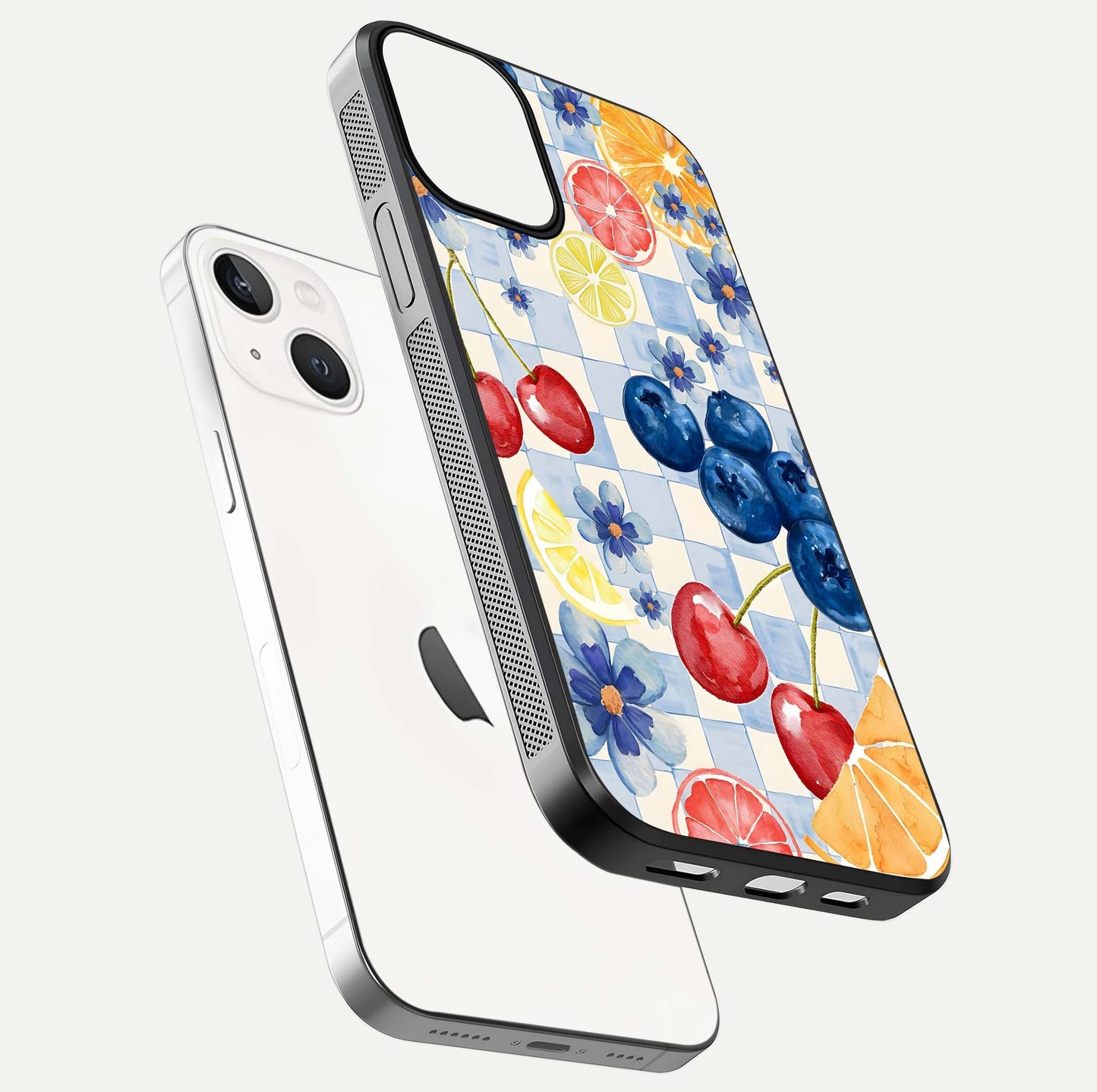 Citrus Bloom Joy Glass Case for iPhone 13 floating mockup showing HD gloss and lively tone