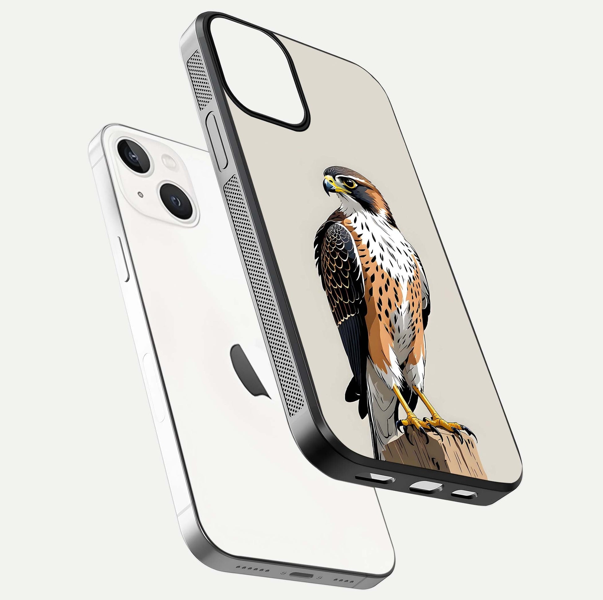 Clever Eagle Glass Case for iPhone 13 floating mockup displaying sharp gloss and art contrast