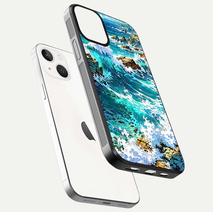 Coastal Blue Waves Glass Case for iPhone 13 floating mockup showing HD reflection and wave details