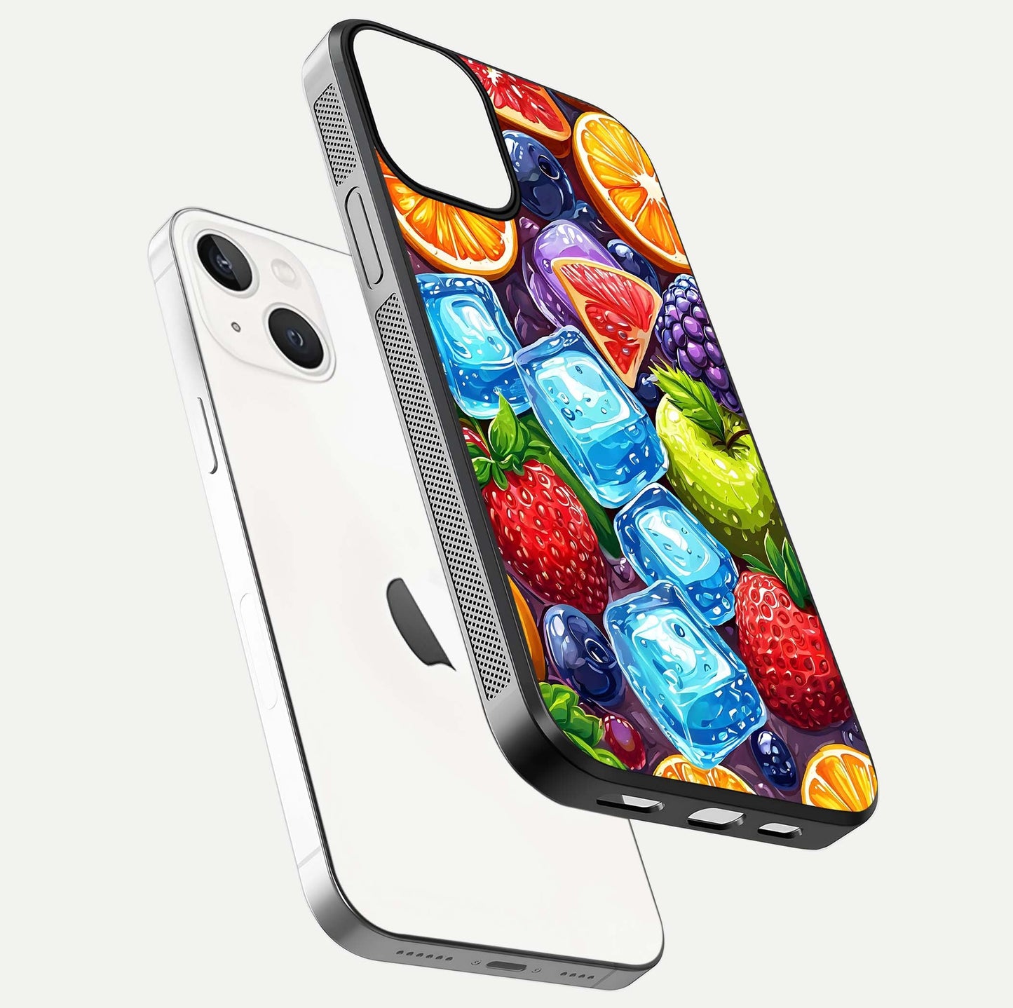 Colorful Fruits with Ice Glass Case for iPhone 13 floating mockup showing bright shine and crystal clarity
