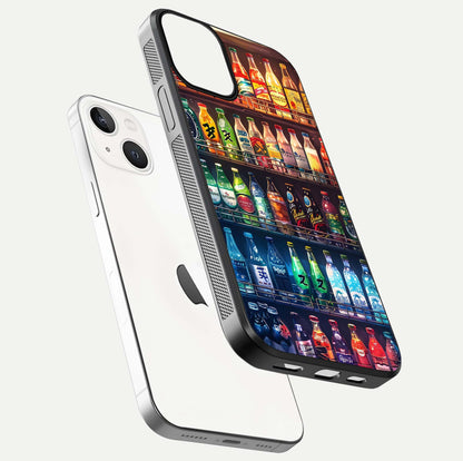 Colorful Soda Bottles Glass Case for iPhone 13 floating mockup showing light reflection and bright gloss