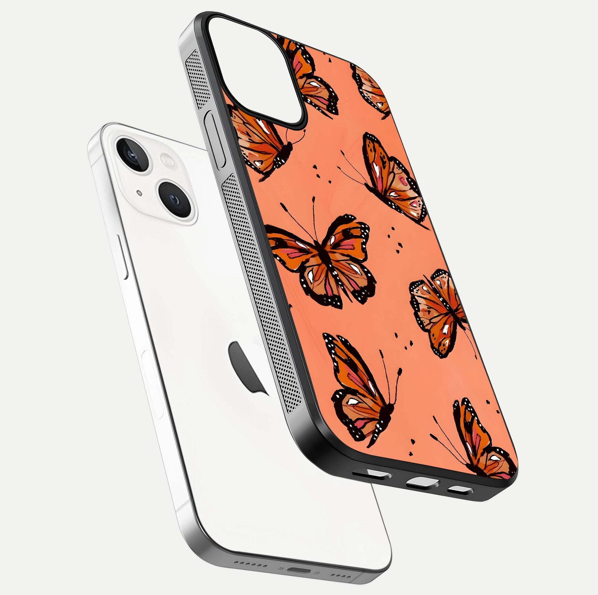 Coral Wing Butterfly Glass Case for iPhone 13 floating mockup showing HD gloss texture and vivid coral color