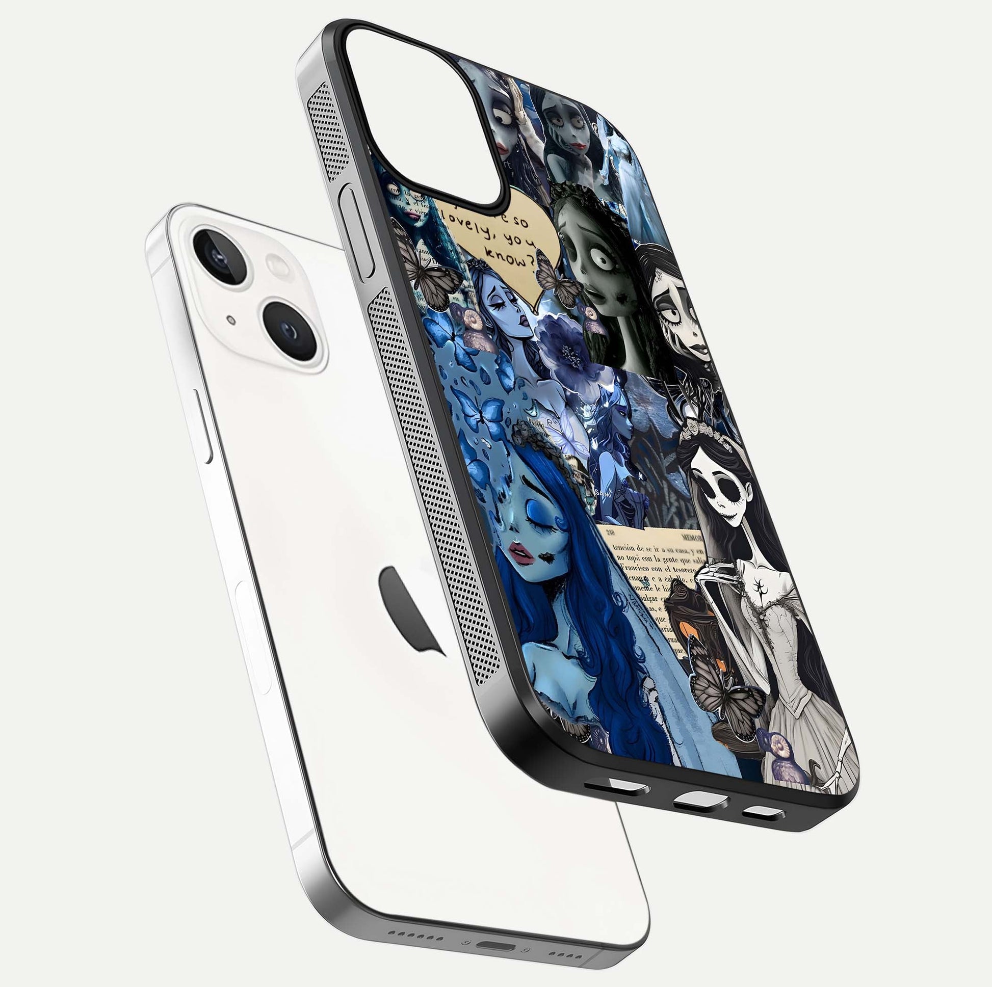 Corpse Bride Posters Glass Case for iPhone 13 floating mockup showing shine texture and clear design