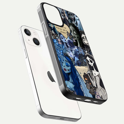Corpse Bride Posters Glass Case for iPhone 13 floating mockup showing shine texture and clear design