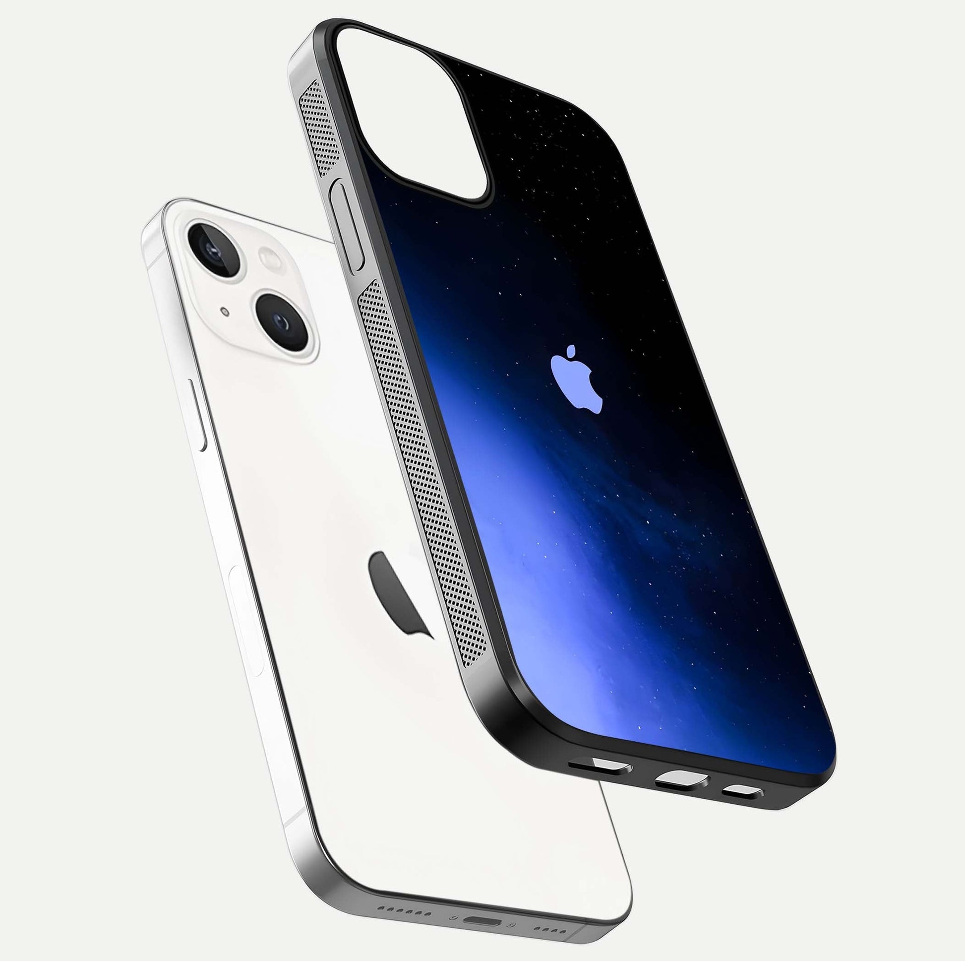 Cosmic Blue Apple Glass Case for iPhone 13 floating mockup showing HD gloss and deep space gradient