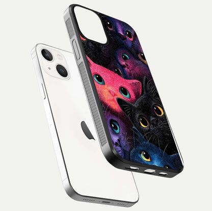 Cosmic Cats Dreams Glass Case for iPhone 13 floating mockup showing star details and polish reflection