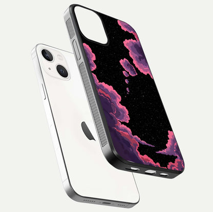 Cosmic Cloud Journey Glass Case for iPhone 13 floating mockup showing HD gloss and cosmic gradient
