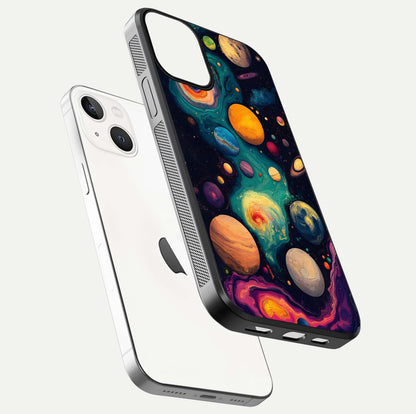 Cosmic Planet Journey Glass Case for iPhone 13 floating mockup showing gloss gradient and deep shine