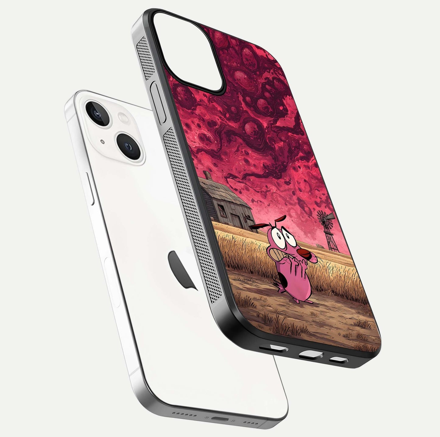 Courage Under Sky Glass Case for iPhone 13 floating mockup showing shine reflection and clean edges