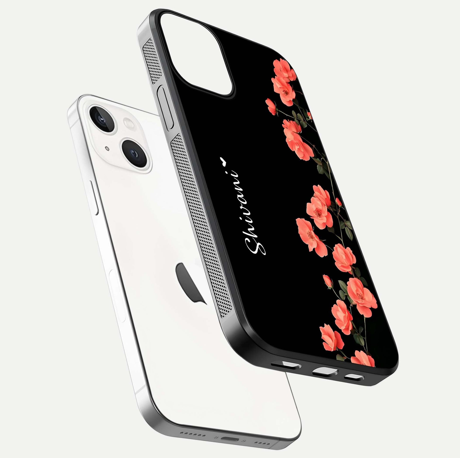 Crimson Bloom Grace Custom Name Glass Case for iPhone 13 floating mockup showing HD gloss and floral tones