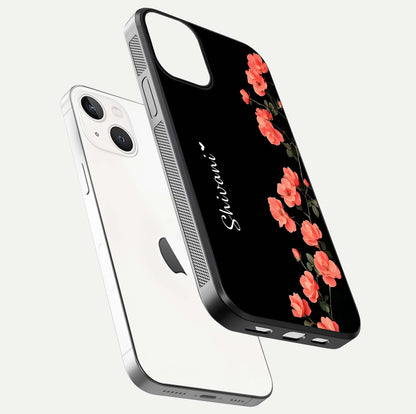 Crimson Bloom Grace Custom Name Glass Case for iPhone 13 floating mockup showing HD gloss and floral tones