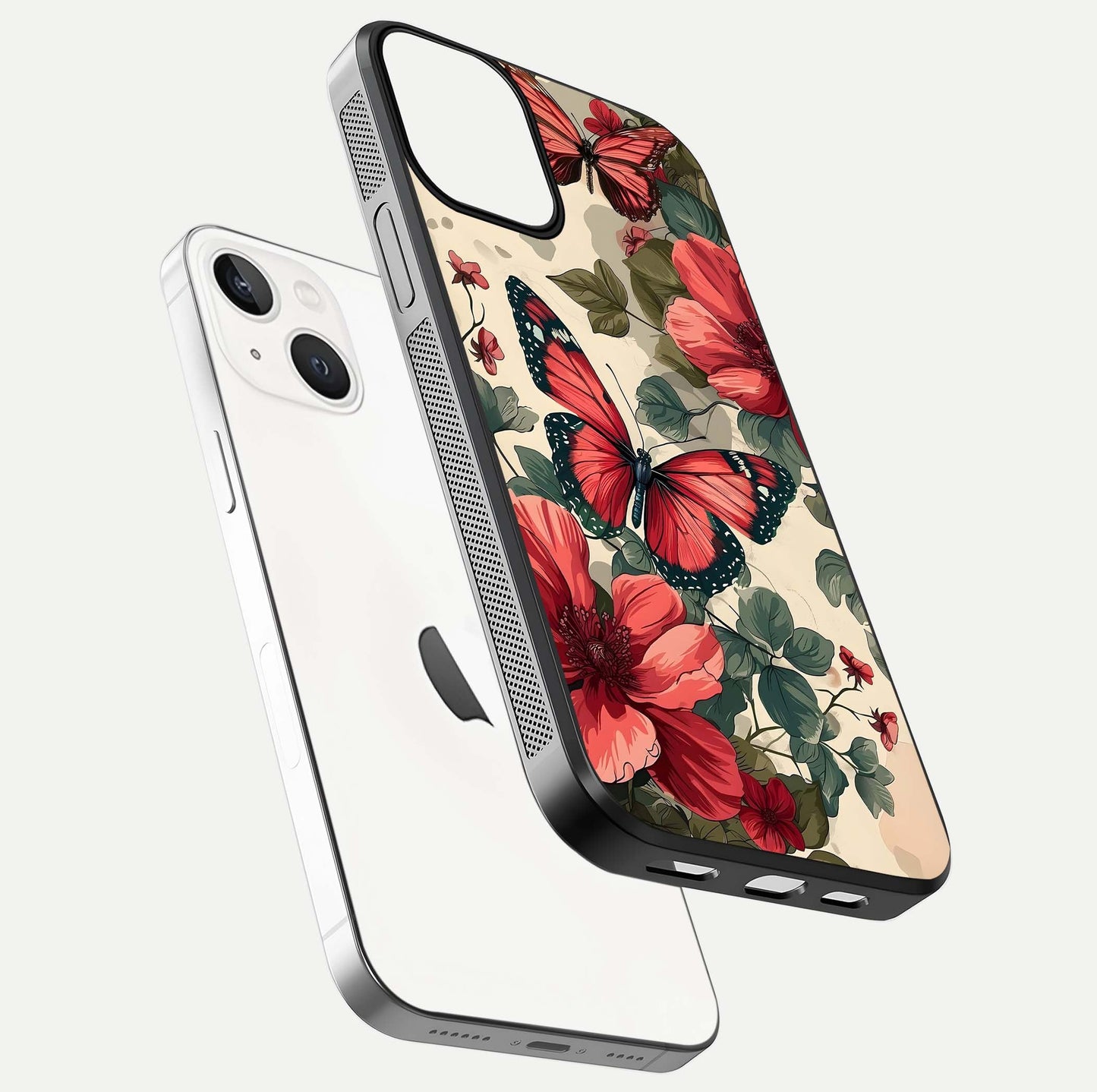 Crimson Butterfly Garden Glass Case for iPhone 13 floating mockup showing HD gloss and vivid art