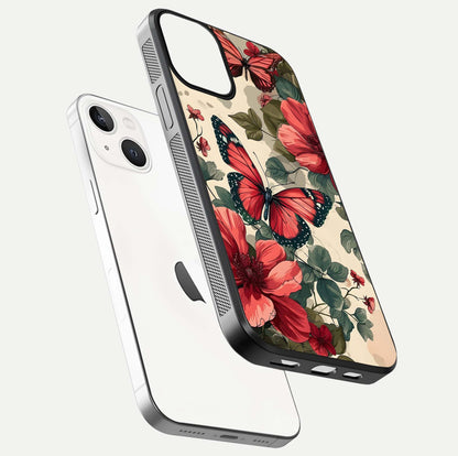 Crimson Butterfly Garden Glass Case for iPhone 13 floating mockup showing HD gloss and vivid art