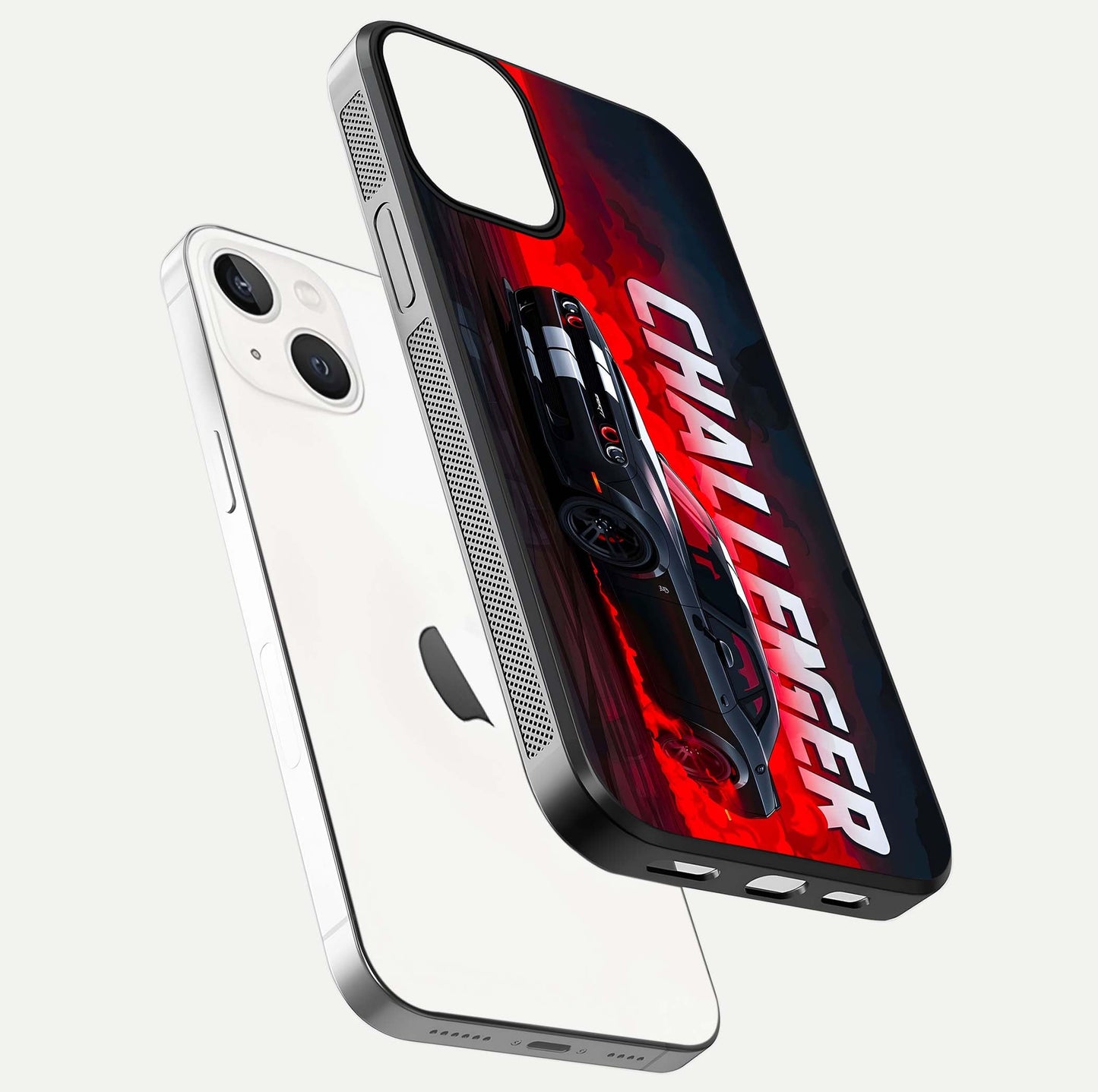 Crimson Challenger Fury Glass Case for iPhone 13 floating mockup showing HD gloss and sleek shine