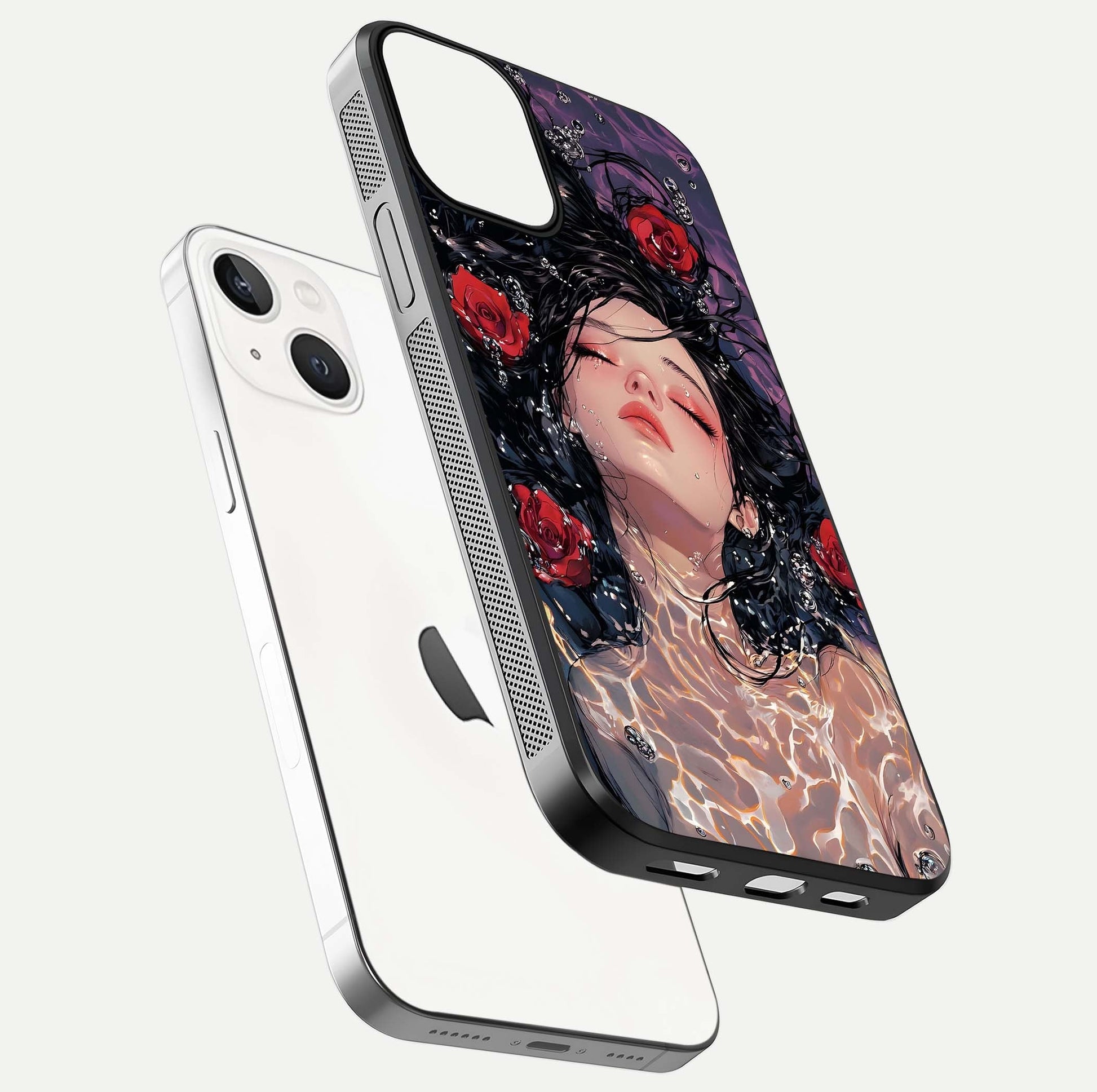Crimson Rose Serenity Glass Case for iPhone 13 floating mockup showing HD gloss and floral texture