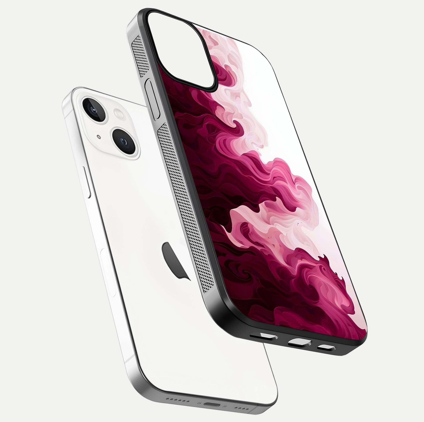 Crimson Wave Flow Glass Case for iPhone 13 floating mockup showing gloss shine and smooth edge