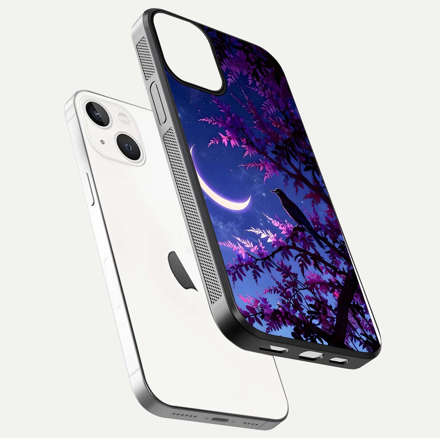 Crow & Moon Scenery Glass Case for iPhone 13 floating mockup showing HD gloss texture and soft moonlight glow