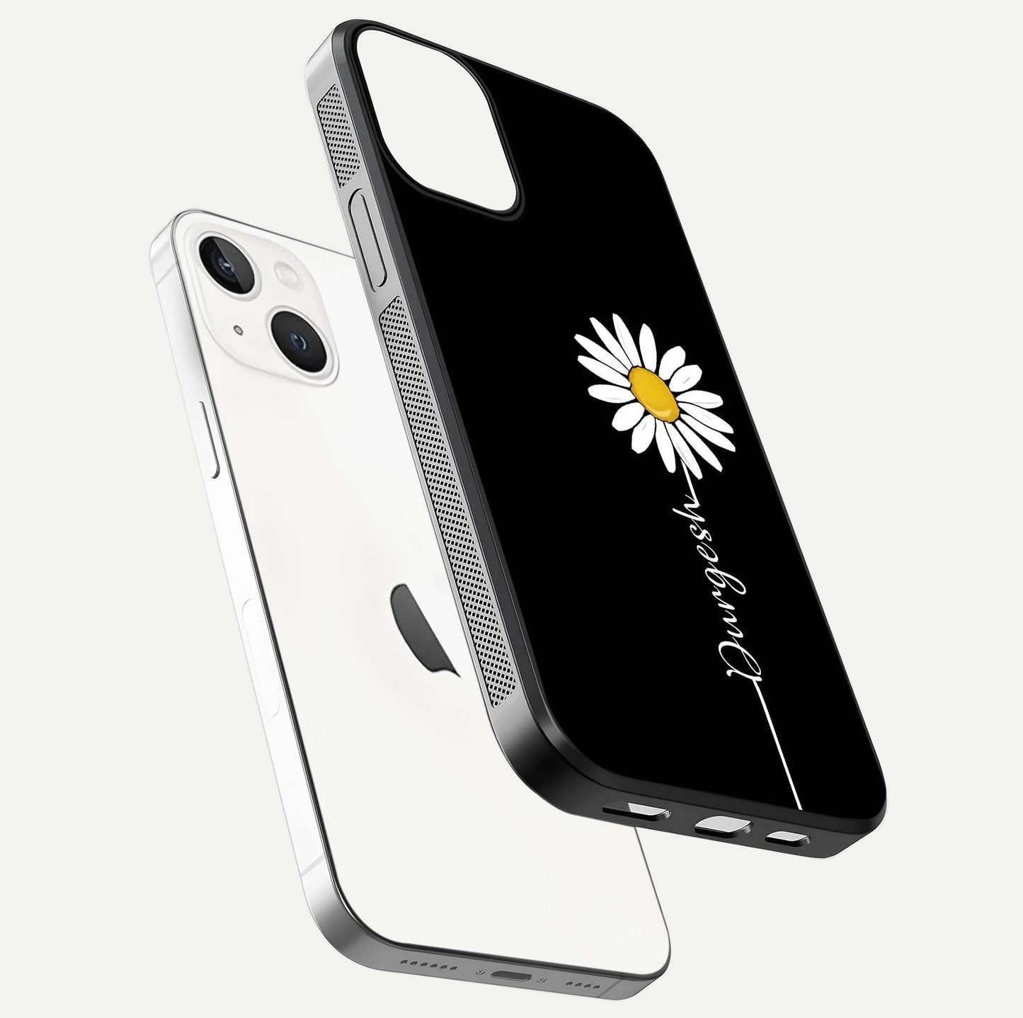 Custom Name White Flower Glass Case for iPhone 13 floating mockup displaying HD gloss and delicate texture
