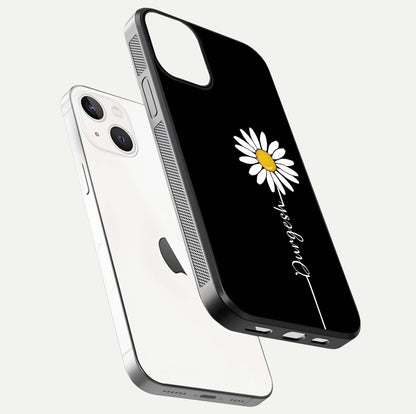 Custom Name White Flower Glass Case for iPhone 13 floating mockup displaying HD gloss and delicate texture