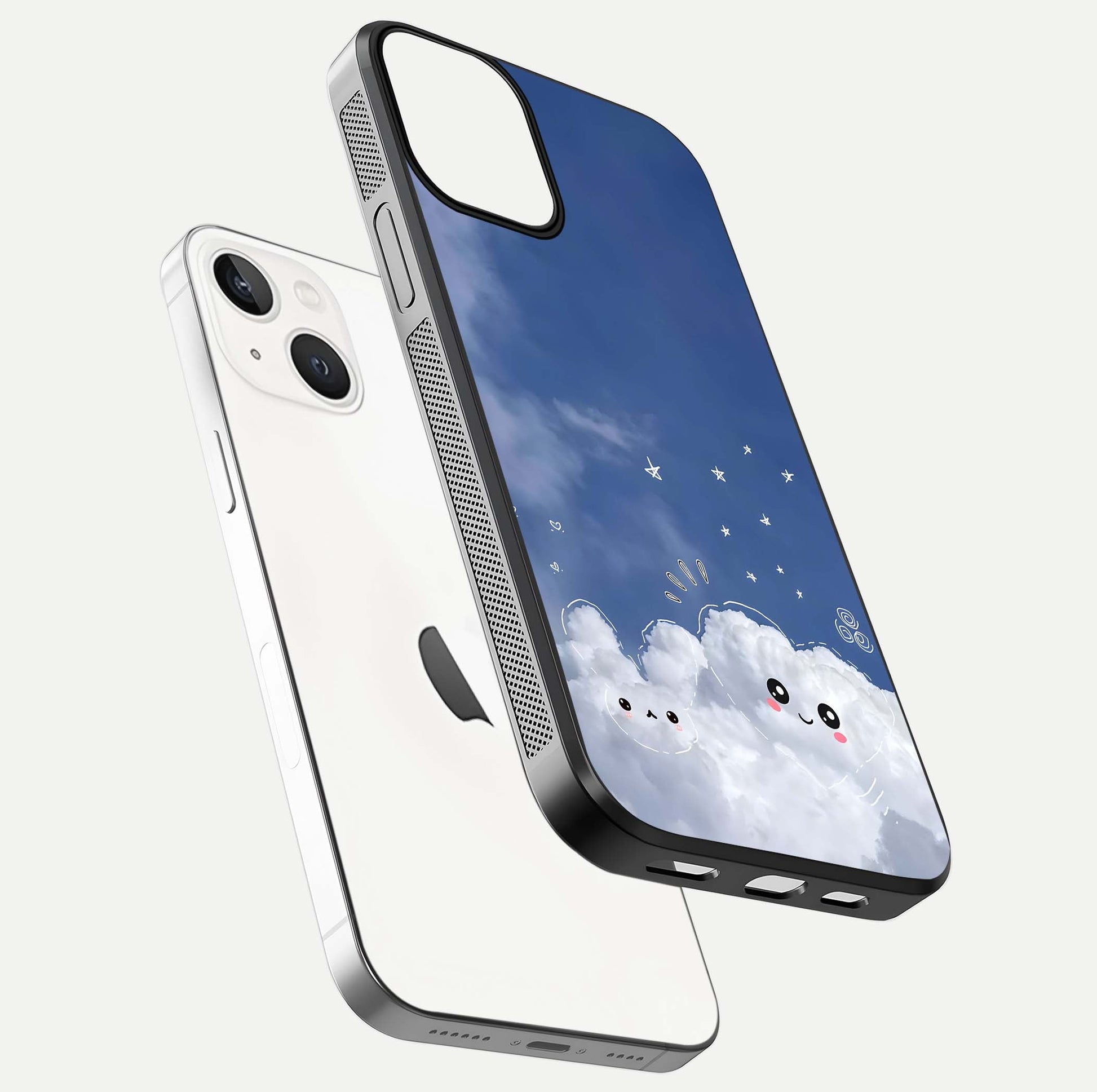 Cute Blossom Cloud Glass Case for iPhone 13 floating mockup showing HD shine and soft gradient finish