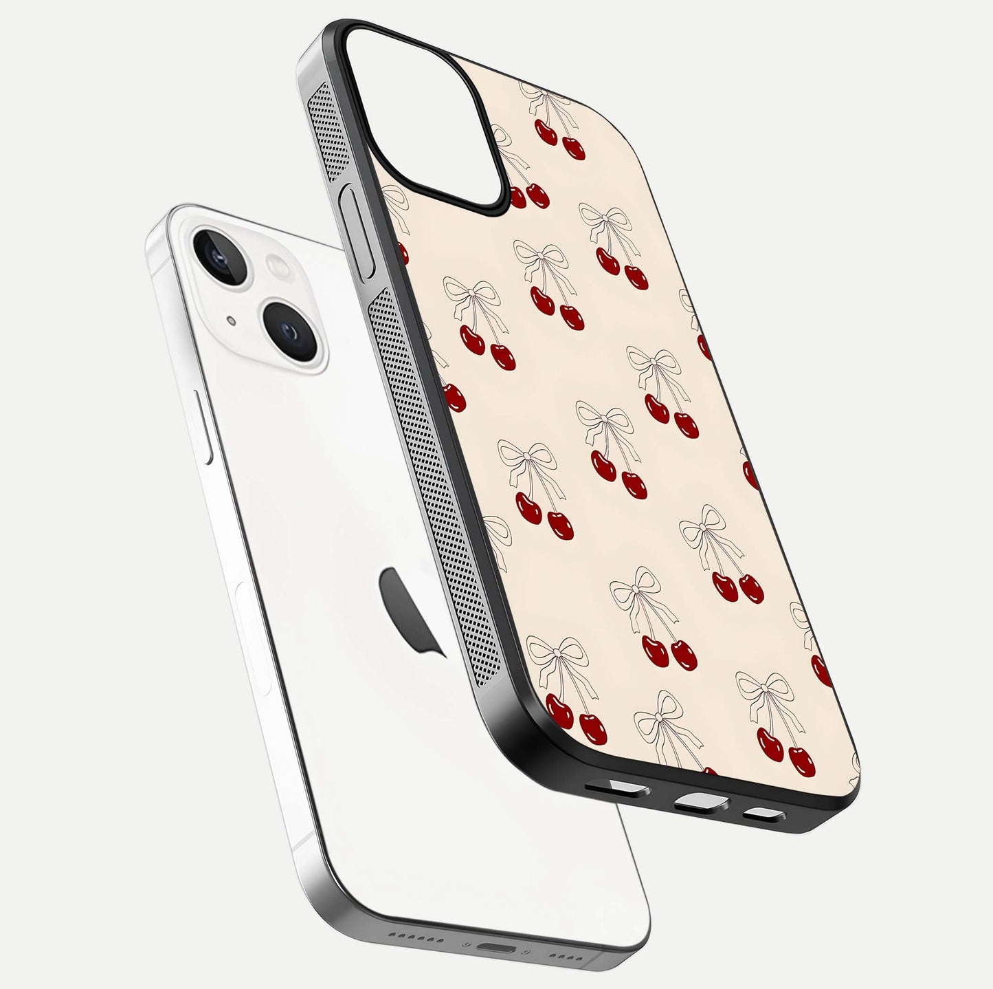 Cute Cherry Pattern Glass Case for iPhone 13 floating mockup showing HD gloss shine and clear tones