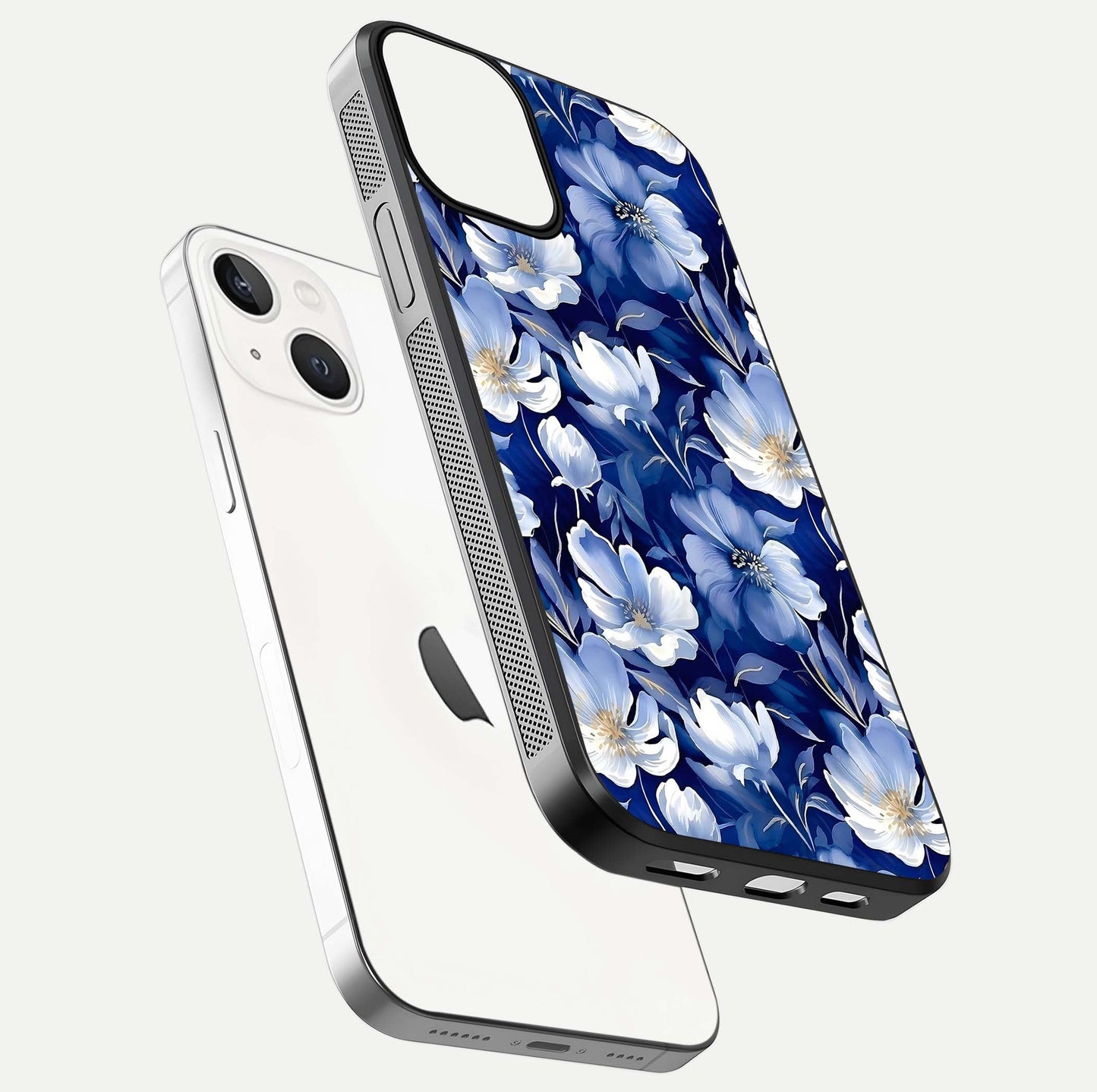 Cute Floral Patterns Glass Case for iPhone 13 floating mockup showing shine depth and design clarity