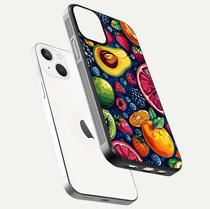 Cute Fruits Art Glass Case for iPhone 13 floating mockup showing gloss brightness and vivid artwork