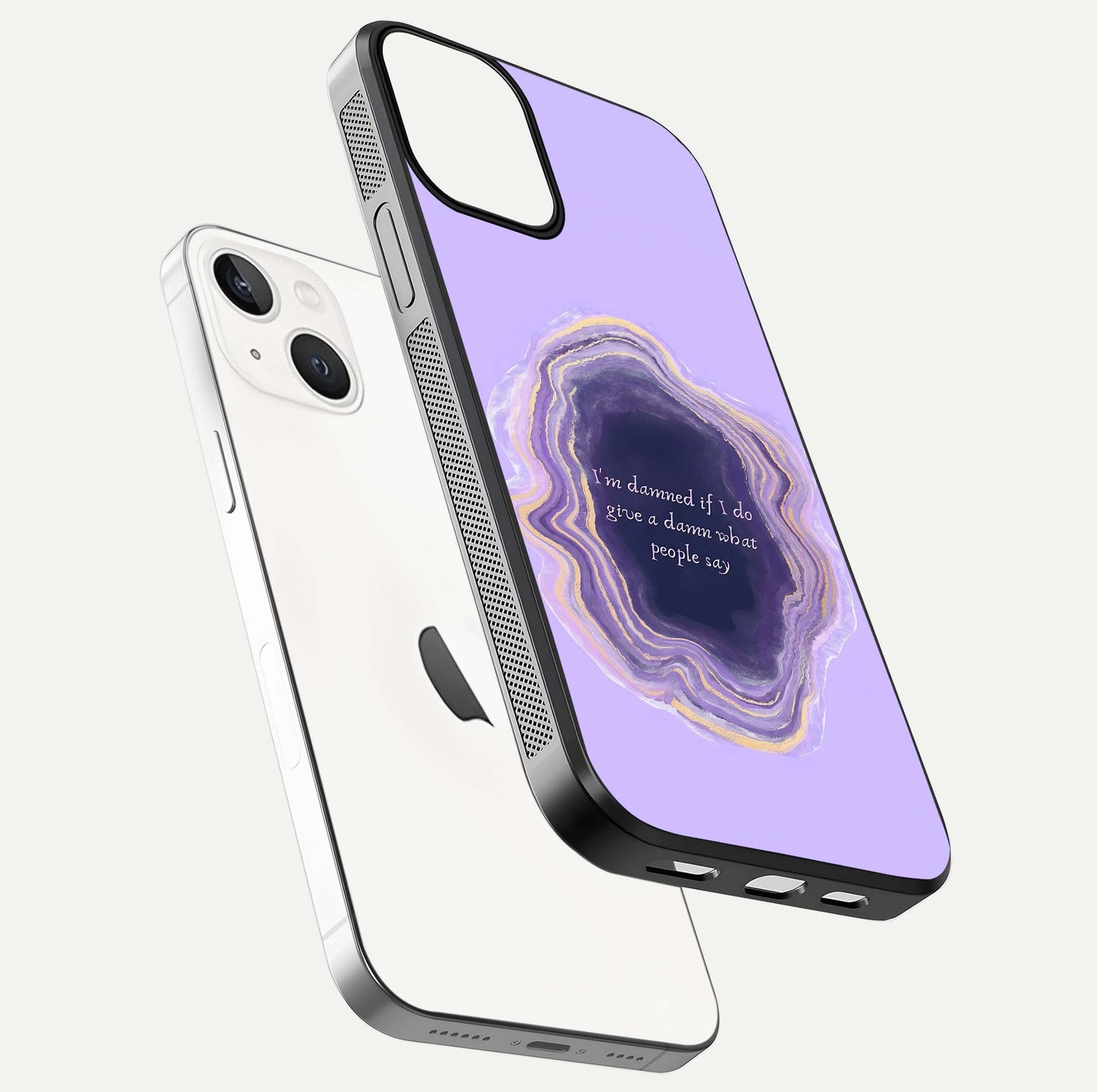 Damned People Quote Glass Case for iPhone 13 floating mockup showing gloss reflection and text balance