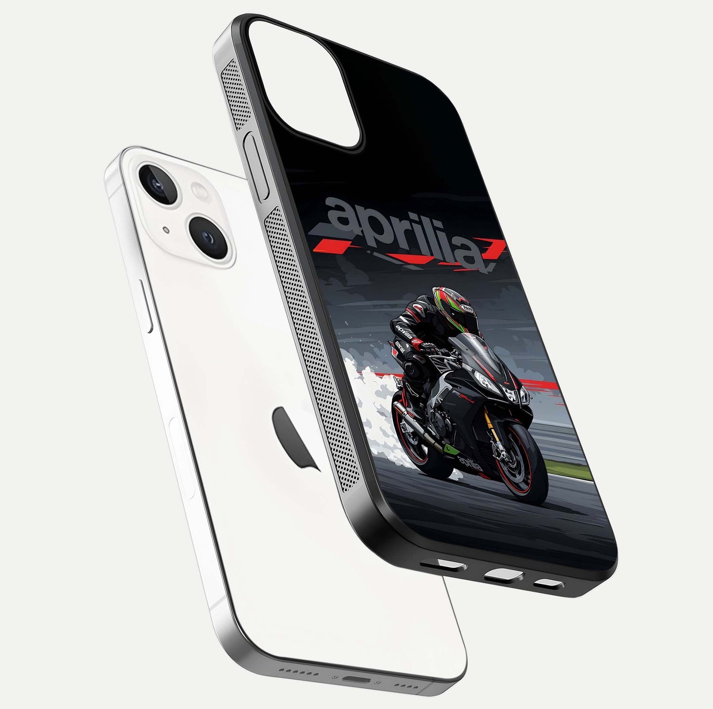 Dark Aprilla Glass Case for iPhone 13 floating mockup showing glossy contrast and texture clarity