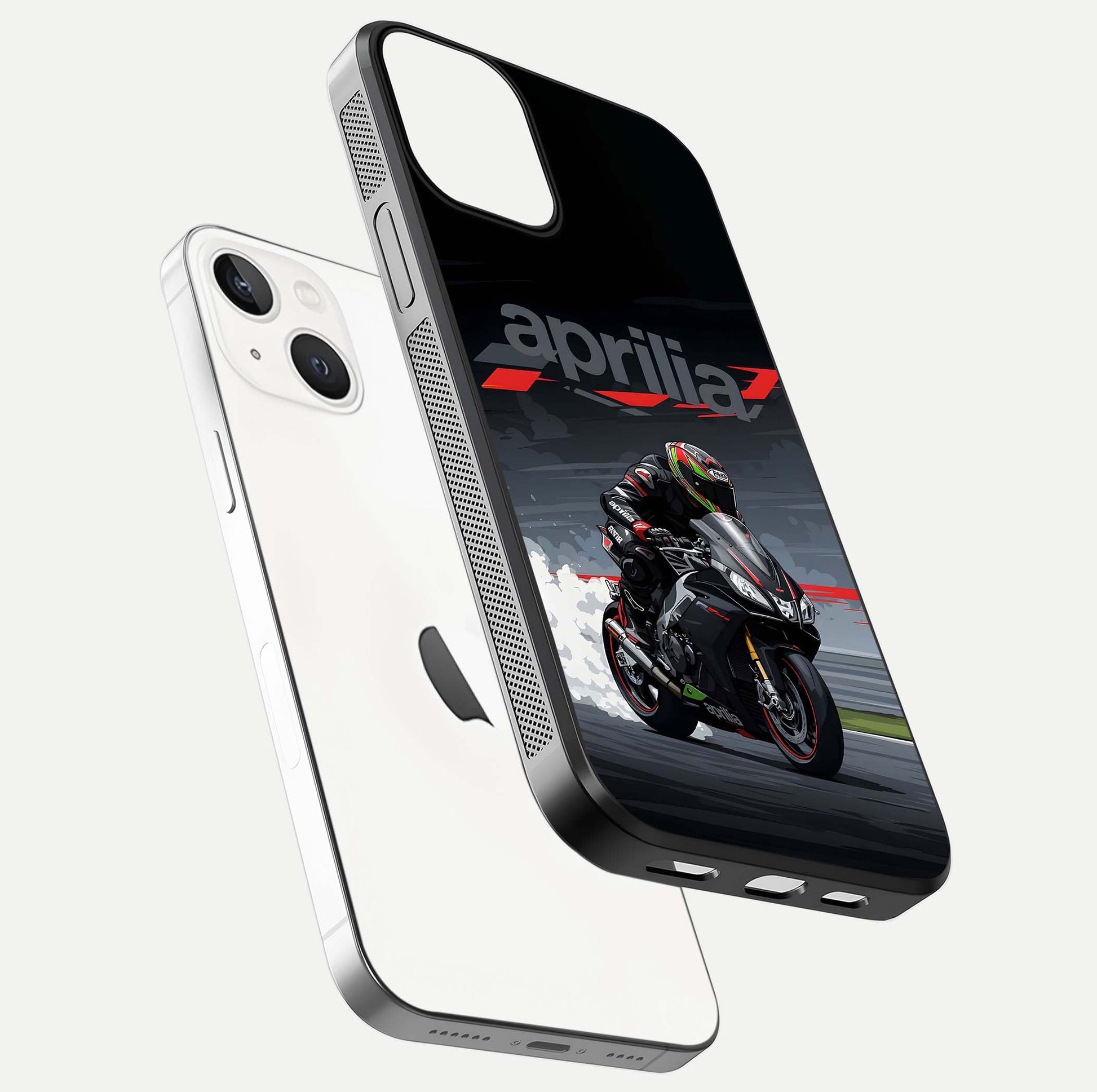 Dark Aprilla Glass Case for iPhone 13 floating mockup showing glossy contrast and texture clarity