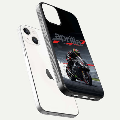 Dark Aprilla Glass Case for iPhone 13 floating mockup showing glossy contrast and texture clarity