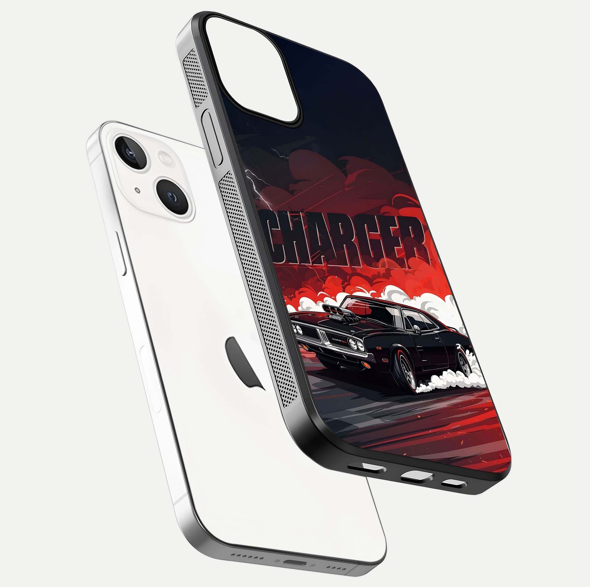 Dark Charger Fury Glass Case for iPhone 13 floating mockup showing reflection depth and shiny surface