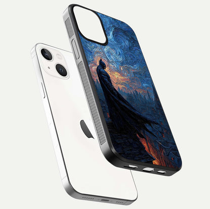 Dark Knight Dusk Glass Case for iPhone 13 floating mockup showing glossy depth and cinematic lighting