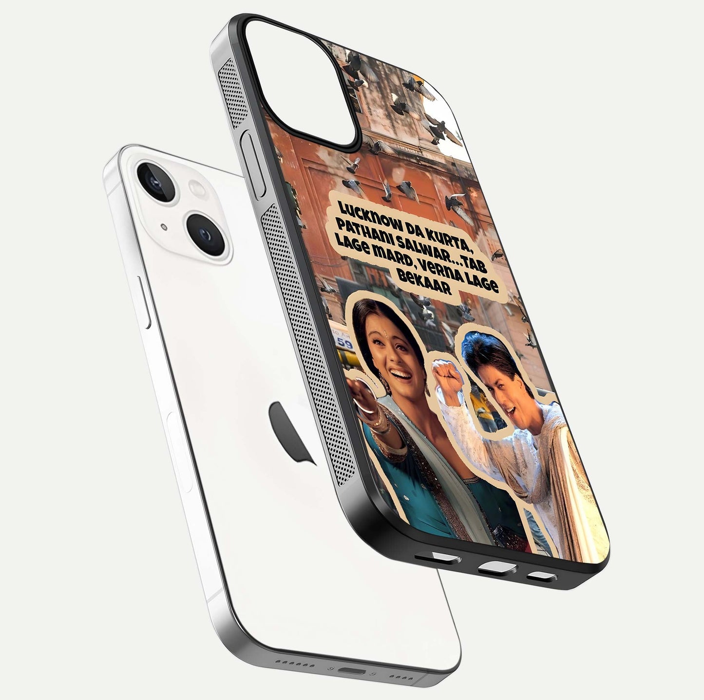 Desi Retro Vibes Glass Case for iPhone 13 floating mockup showing shine polish and vivid tones