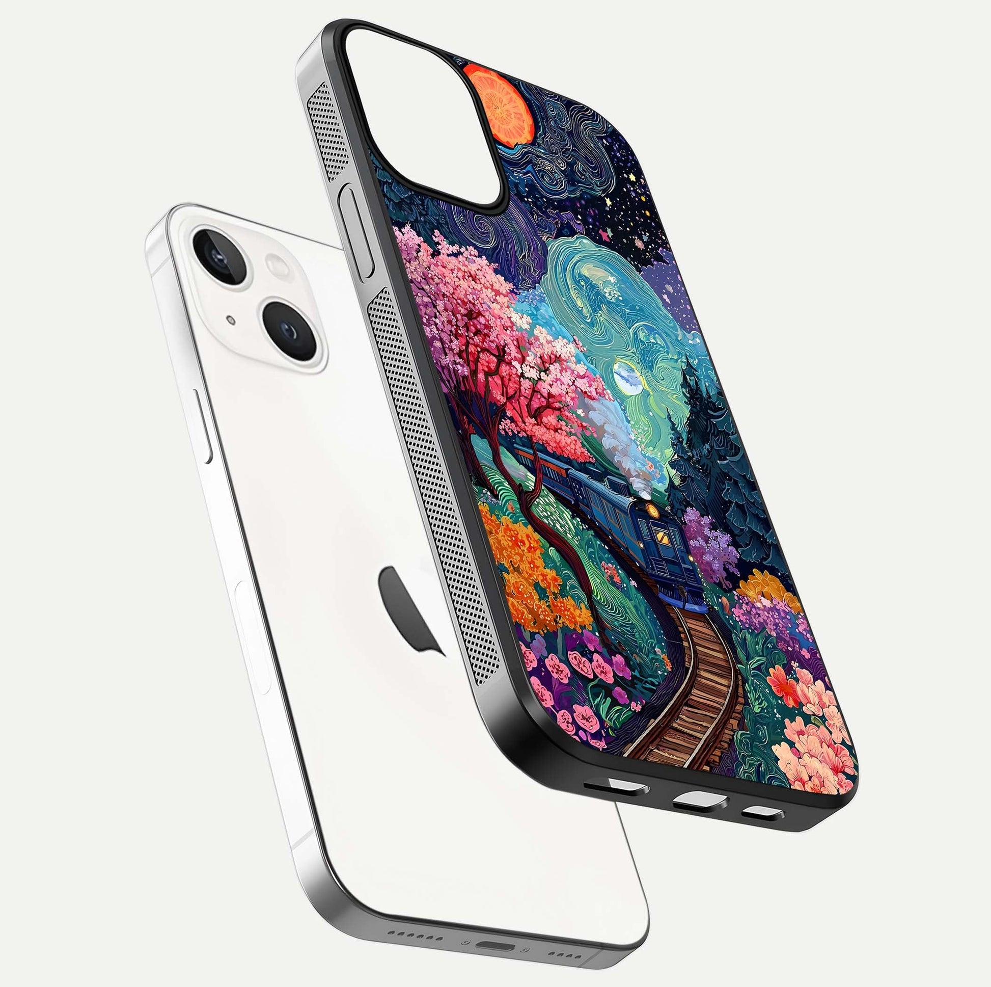 Digital Art Glass Case for iPhone 13 floating mockup showing HD gloss and smooth reflection