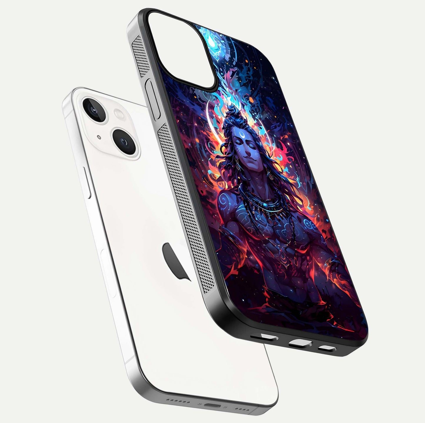 Divine Fire Shiv Glass Case for iPhone 13 floating mockup showing glow texture and gloss finish