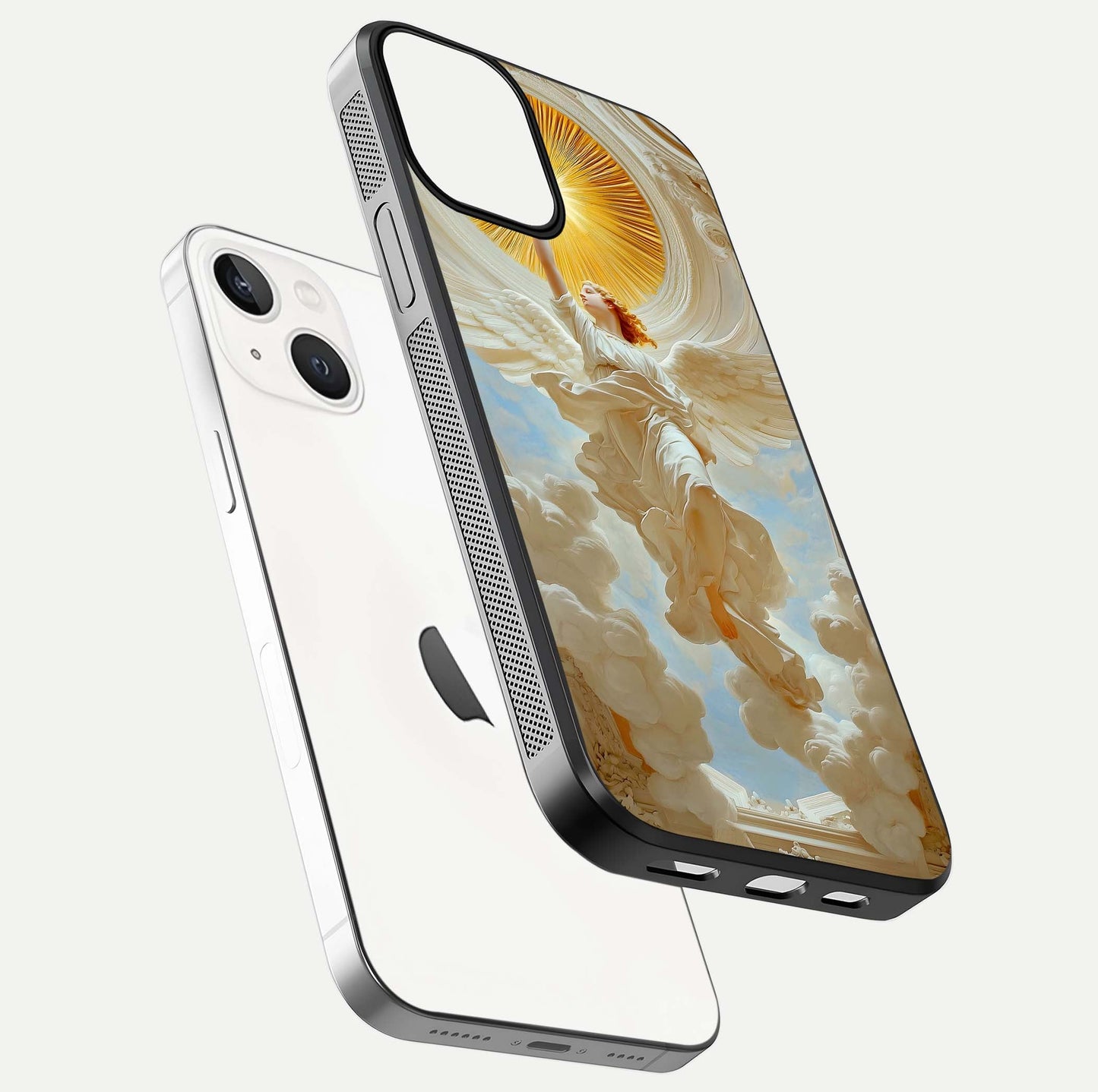 Divine Light Angel Glass Case for iPhone 13 floating mockup showing gloss texture and radiant light