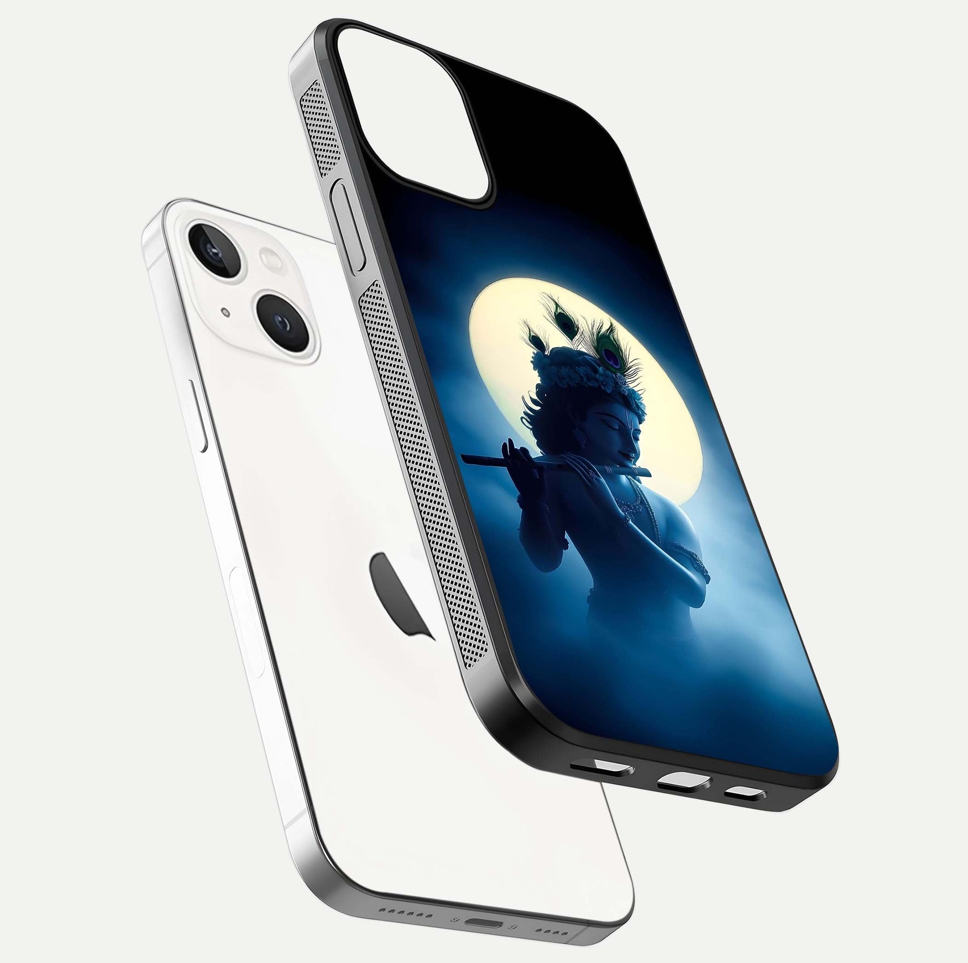 Divine Moon Flute Glass Case for iPhone 13 floating mockup showing HD gloss and luminous texture