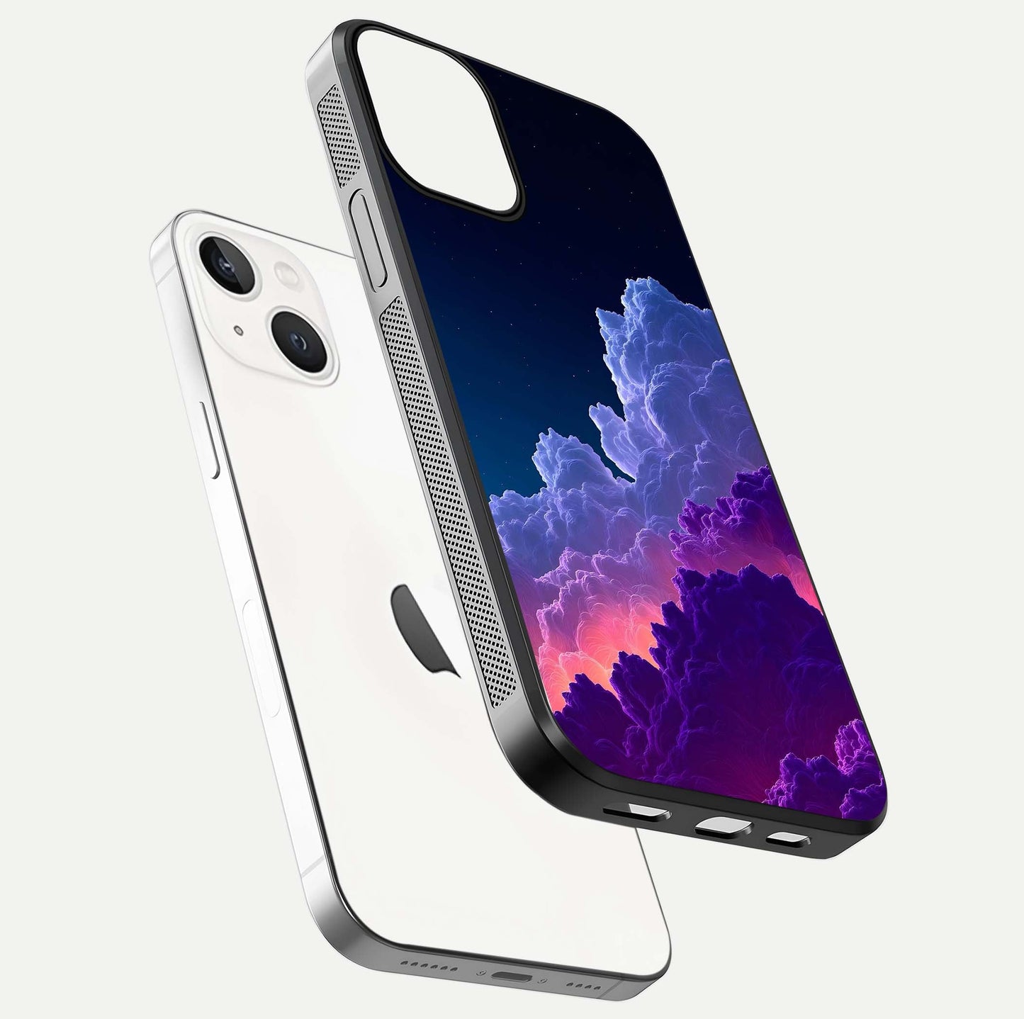 Dreamy Cloud Skies Glass Case for iPhone 13 floating mockup showing glossy depth and delicate tone